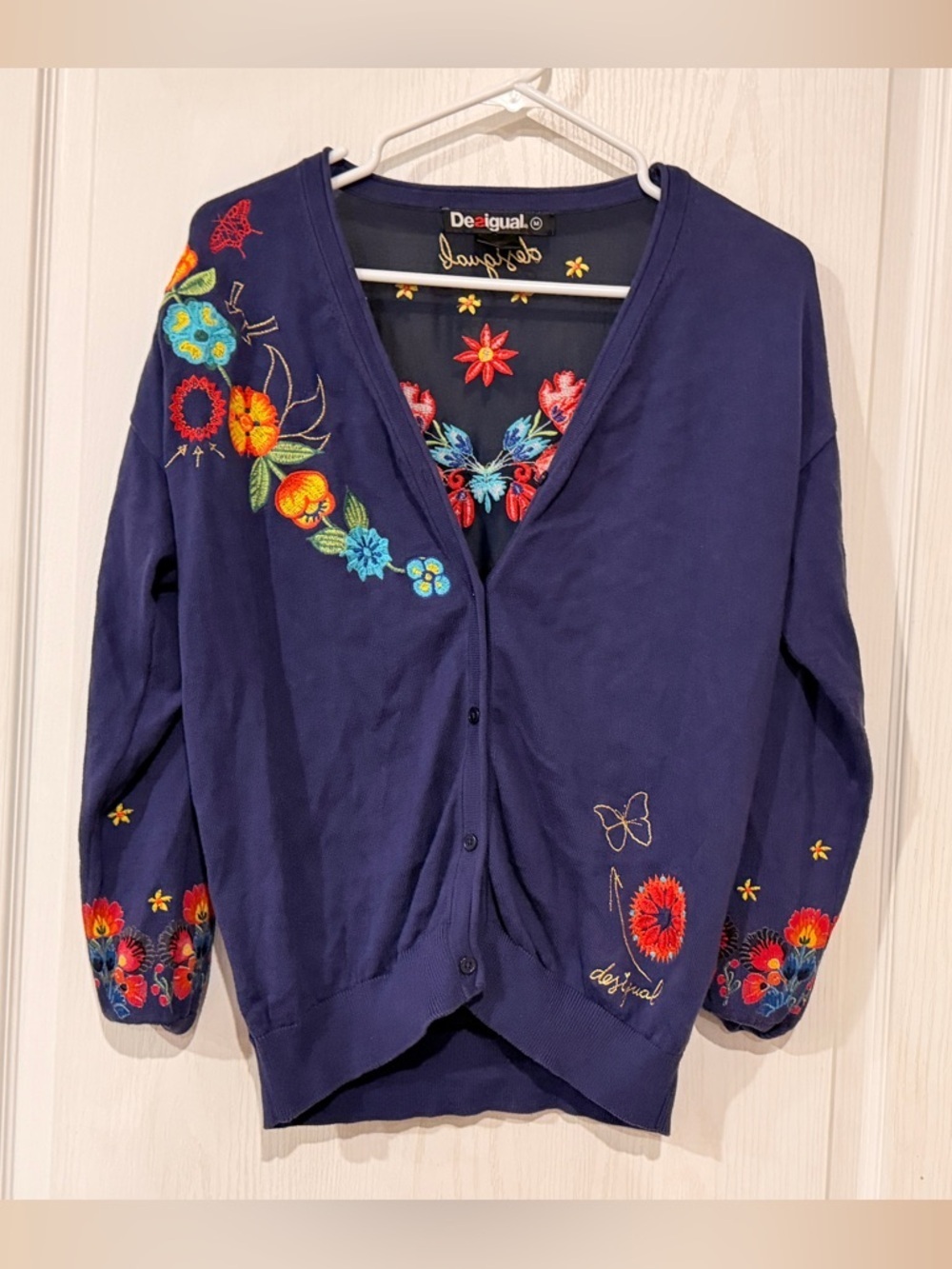 FINAL PRICE Desigual Navy Cardigan with Multicolor Floral Embroidery
